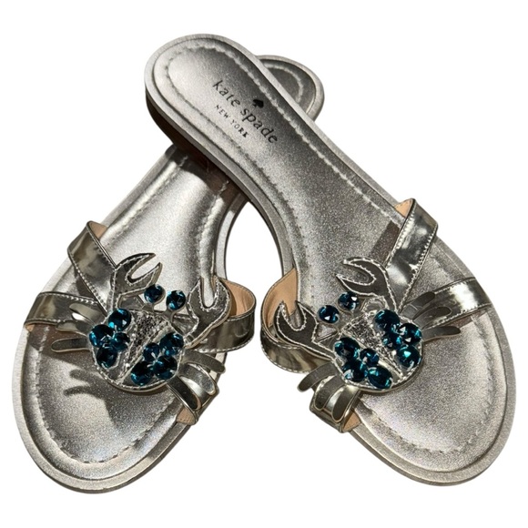 Kate Spade Silver Jeweled Crab Embellished Slide Sandals Size 8 - Picture 1 of 9